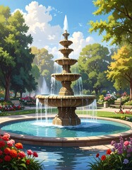 Serene Park Fountain in Sunny Day.