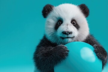 Obraz premium Adorable panda cub holding a blue ball against a solid turquoise background, looking directly at the camera with a curious expression.