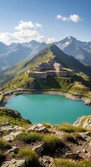Idyllic Alpine Lake and Fortress in the Italian Alps.