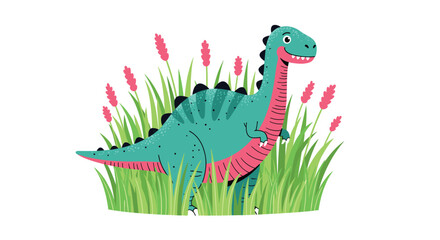 Fototapeta premium A friendly green dinosaur stands tall in a field of tall green grass and pink flowers.