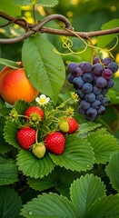 Artistic arrangement displaying vibrant strawberries, grapes, peach and verdant leaves with a garden backdrop