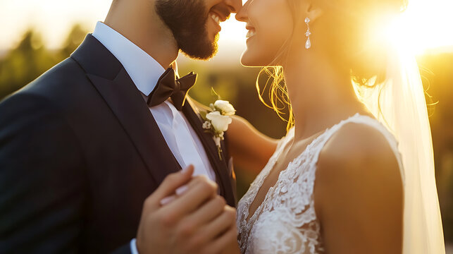 Newlyweds embracing in golden sunlight. Elegant wedding attire, joyful smiles, symbolizing love and commitment in a picturesque outdoor setting.