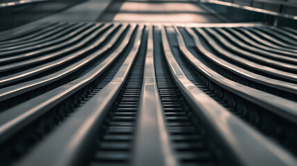 Abstract industrial conveyor system with parallel metal tracks. Perfect for illustrating production, automation, and technology concepts.