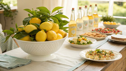 Lemon centerpiece on a table with food and drinks for a summer party