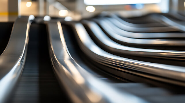 Close-up of parallel conveyor belts disappearing into the distance. The sleek lines and blurred motion create a sense of movement in this monochromatic composition.