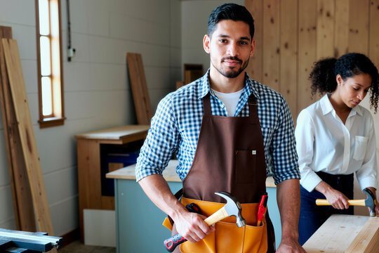 Portrait of young adult Hispanic man standing in workshop wearing tool belt holding hammer looking at camera while young adult Black woman working with wood in background