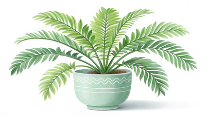 Watercolor illustration of a potted cycad plant isolated on white background