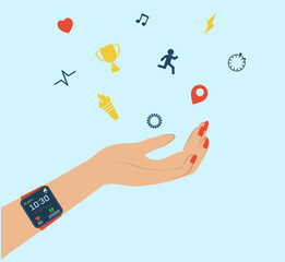 A woman's hand in a sports smartwatch throws up a stopwatch, heart, cup, torch, gear, heart rate, destination, watch, fitness bracelet, fitness tracker