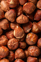 raw whole hazelnuts closeup, brown shells, natural snack, food texture