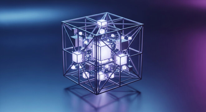 Abstract glowing cube with intricate wireframe structure, floating in a dark space with purple and blue lighting effects