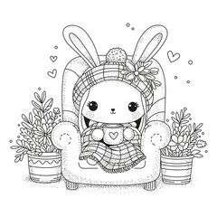 A cute bunny wearing a warm hat sits in a cozy chair, wrapped in a warm blanket, drinking hot coffee from a mug. Black and white illustration for coloring.