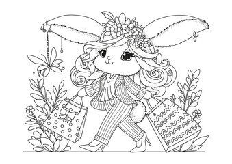Obraz premium A fashionable bunny in a pantsuit walks with groceries. Coloring page for children and adults. Black and white illustration for coloring.