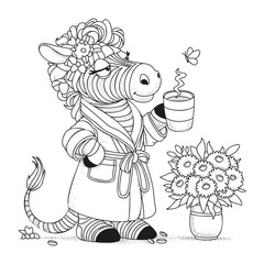 A sleep-deprived zebra stands in a dressing gown, holding a mug of coffee. A fun coloring page for adults.