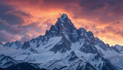 Majestic mountain peaks covered in fresh snow under dramatic sunset clouds