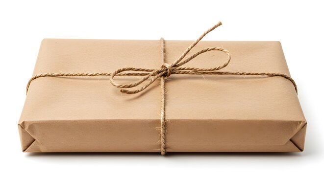 A neatly wrapped package tied with twine, ready for delivery or gifting. The package is wrapped in brown paper, the twine is tied in a bow. 