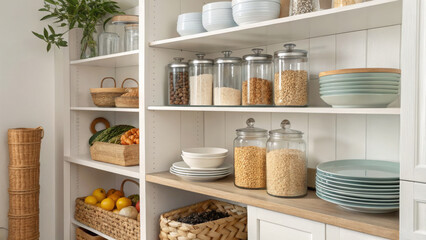 Pantry organization with food in jars and baskets on shelves in kitchen