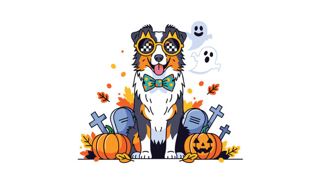 Adorable dog wearing glasses and bow tie celebrating Halloween with pumpkins and ghosts, perfect for festive greeting cards and spooky season promotions
