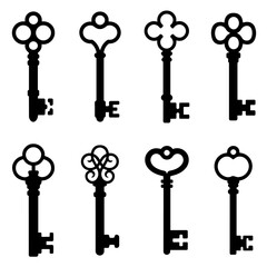 Vector art of collection of eight ornate antique skeleton keys