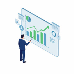 Fototapeta premium Isometric Male Presenting Growth Chart Analytics Dashboard Business Illustration