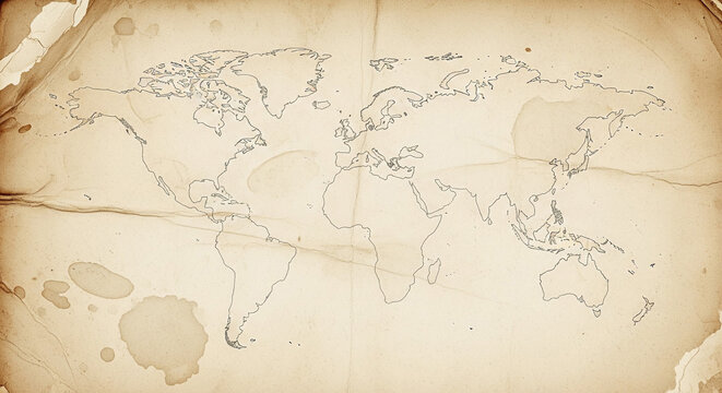 Vintage world map illustration depicting continents and oceans on aged parchment paper texture