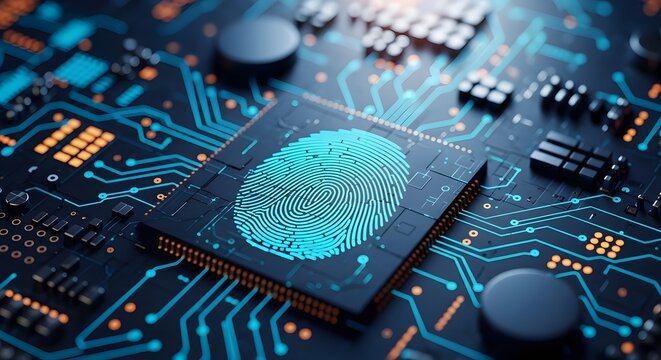 Futuristic digital fingerprint scanner integrated into a complex circuit board for advanced biometric security - Powered by Adobe