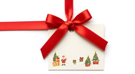 A festive holiday gift tag with a red bow, with holiday-themed graphics of Santa Claus, christmas tree and gift boxes