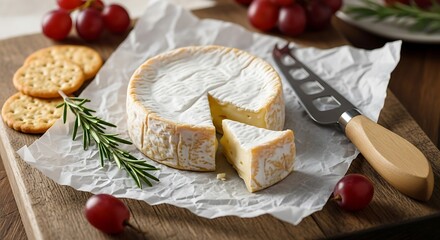 Elegant Brie Cheese Display with Crackers and Grapes.
