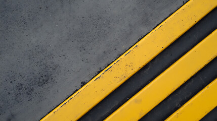 Fototapeta premium Diagonal yellow stripes on a gray surface create a bold contrast. The lines and surface have a gritty feel and texture.