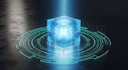 Futuristic blue glowing energy crystal orb with digital circuit patterns on dark metallic background