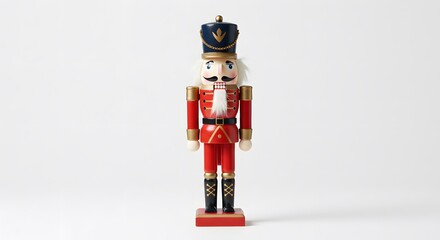 A classic Nutcracker soldier, a festive Christmas decoration, stands ready. This charming wooden figurine is dressed in a bright red uniform with black boots