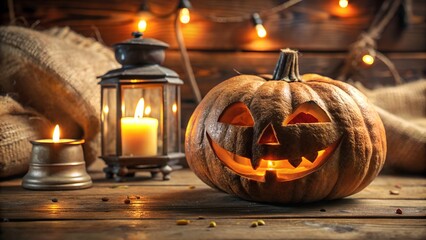 Spooky carved halloween pumpkin with glowing eyes and mouth illuminated by a lantern and candle on a wooden surface with festive lights