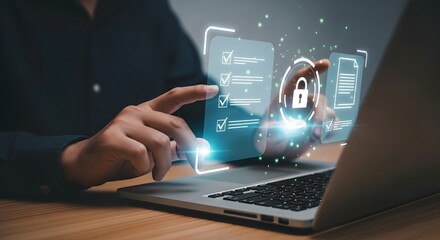 Person interacting with a secure digital interface on a laptop showcasing cybersecurity and data protection concepts