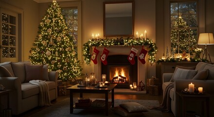 A cozy living room decorated for Christmas, complete with a lit tree and fireplace, creating a warm and inviting atmosphere