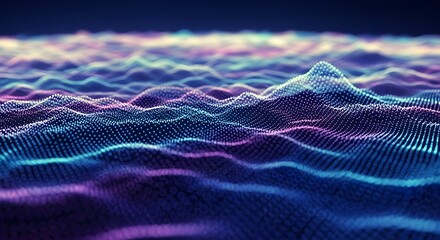 Abstract digital landscape of glowing sound waves and data points in neon purple and blue hues