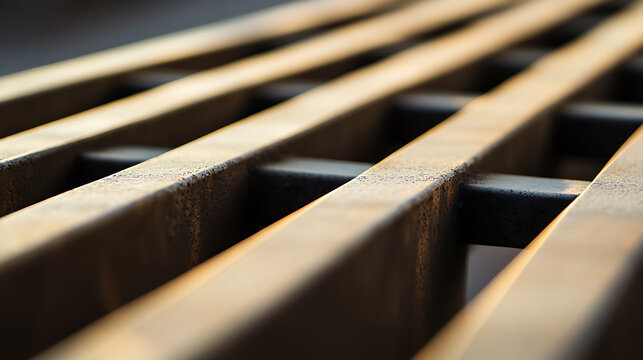 Metal grating with parallel bars and connecting supports creates a geometric pattern with blurred background in warm lighting, showcasing texture.