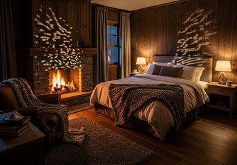 Serene bedroom interior with a fireplace and soft ambient lighting