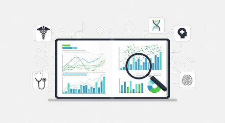 Medical data analysis on a laptop screen with healthcare icons isolated on white background concept of digital healthcare