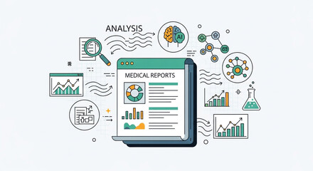 Medical report analysis with healthcare icons isolated on white background concept of digital healthcare and data analysis