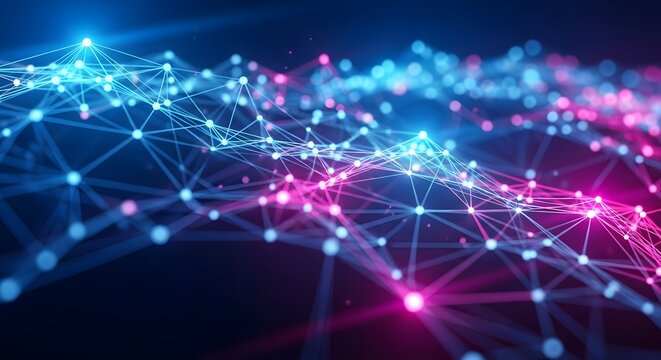 Abstract glowing network of interconnected nodes and lines with vibrant blue and pink neon lights on a dark background