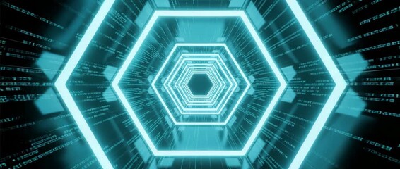 Futuristic digital pattern of blue binary code in a 3D glass tunnel to illustrate data technology and speed - Powered by Adobe