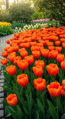 Vibrant Orange Tulips Blooming in a Lush Garden.