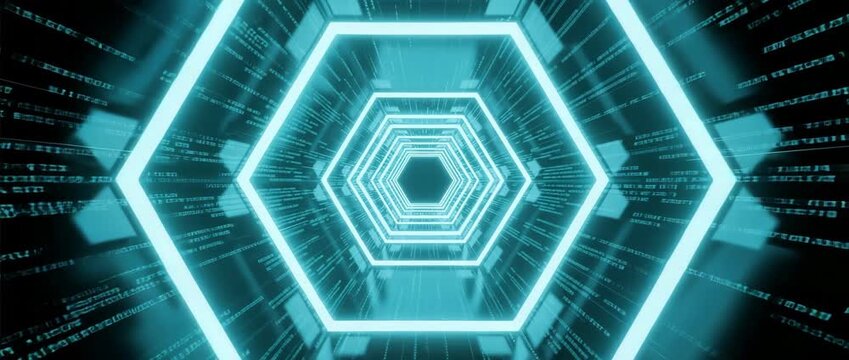 Futuristic digital pattern of blue binary code in a 3D glass tunnel to illustrate data technology and speed