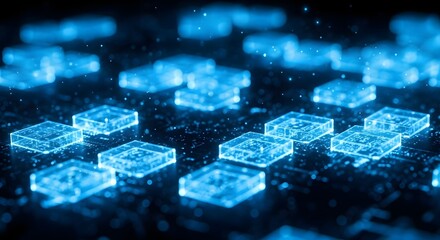 Abstract glowing blue geometric shapes with a dark background creating a futuristic and technological digital art