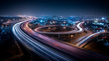 City Highway at Night with Light Trails from Above
