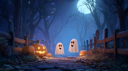 Festive Halloween illustration, two cheerful jack o lanterns and cute ghosts in moonlit night with night glow.
