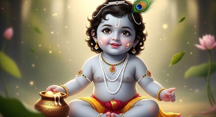 Enchanting Baby Krishna with Pot of Butter in Serene Setting.
