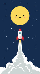Whimsical rocket ship soaring past the smiling moon, ideal for children's books or playful space-themed designs, creating wonder and excitement
