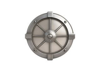 Metallic vault door shines, suitable for security themes, digital art, or architectural presentations.