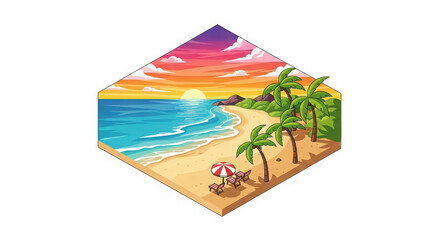 Tropical beach paradise at sunset with palm trees and ocean waves