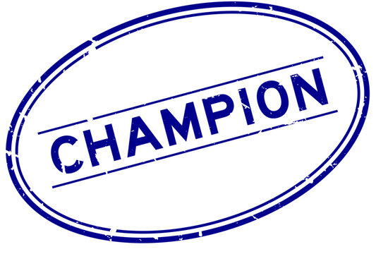 Grunge blue champion word oval rubber seal stamp on white background